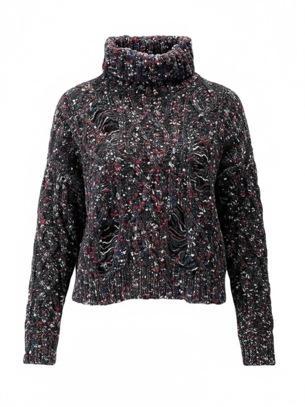 HOLT RENFREW Y2K Grunge Turtleneck Distressed Multicolor Knit Chenille Sweater